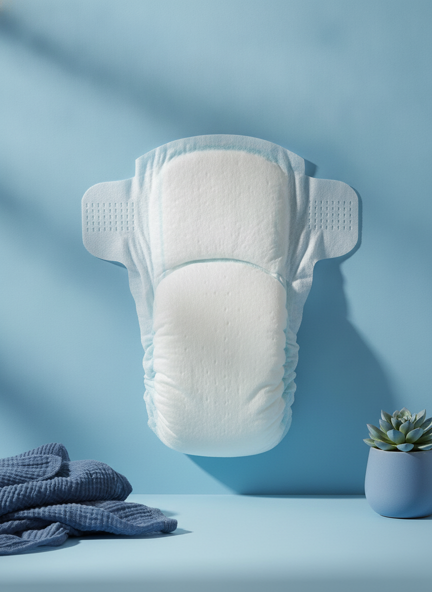 A single unfolded baby disposable diaper, showcasing its soft inner lining, absorbent core, and waterproof outer layer, on a 