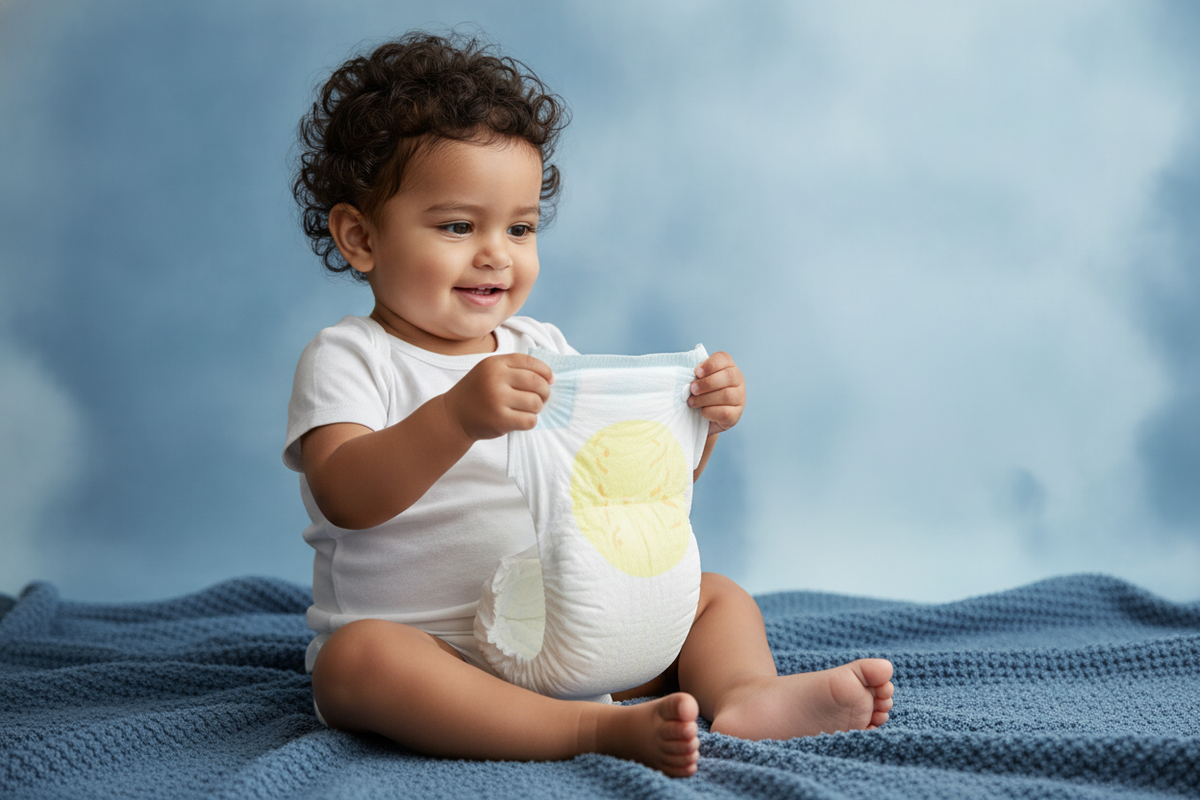 South Asian toddler sits on a slate blue blanket, holding a disposable diaper, with a soft blue background.