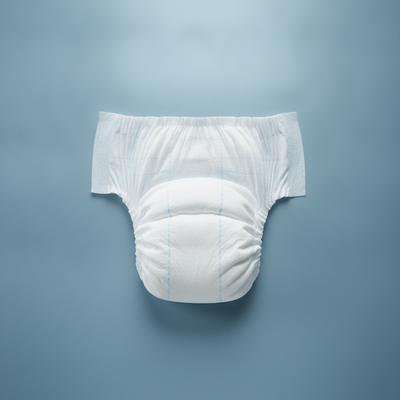 A single baby disposable diaper, unfolded to show its soft inner lining and absorbent core, against a dusty blue background.